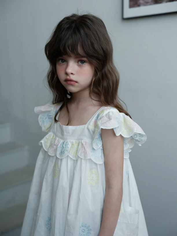 白色刺绣花朵飞袖连衣裙 Y3685