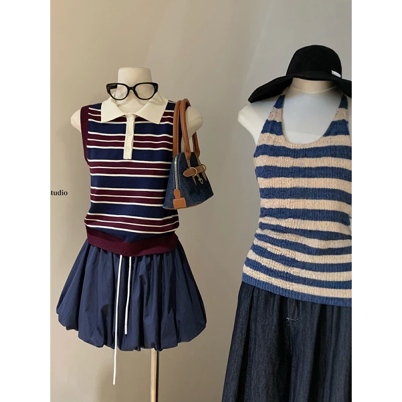 复古甜妹POLO领条纹背心+韩系简约百搭高腰显瘦半身裙套装女夏季