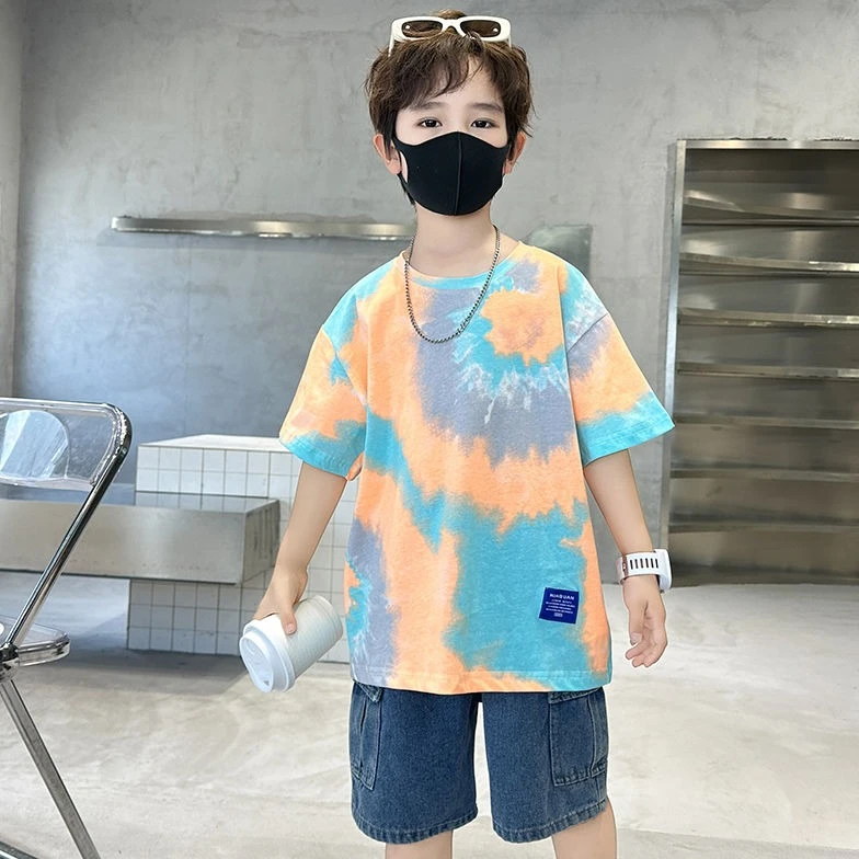男童夏装短袖纯棉T恤洋气扎染2025新款儿童半袖上衣爆款夏季宽松
