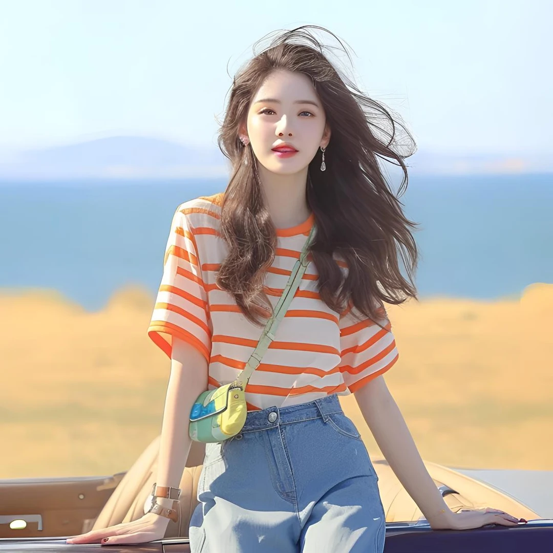 韩系chic条纹短袖t恤夏季洋气独特别致漂亮宽松显瘦百搭休闲上衣