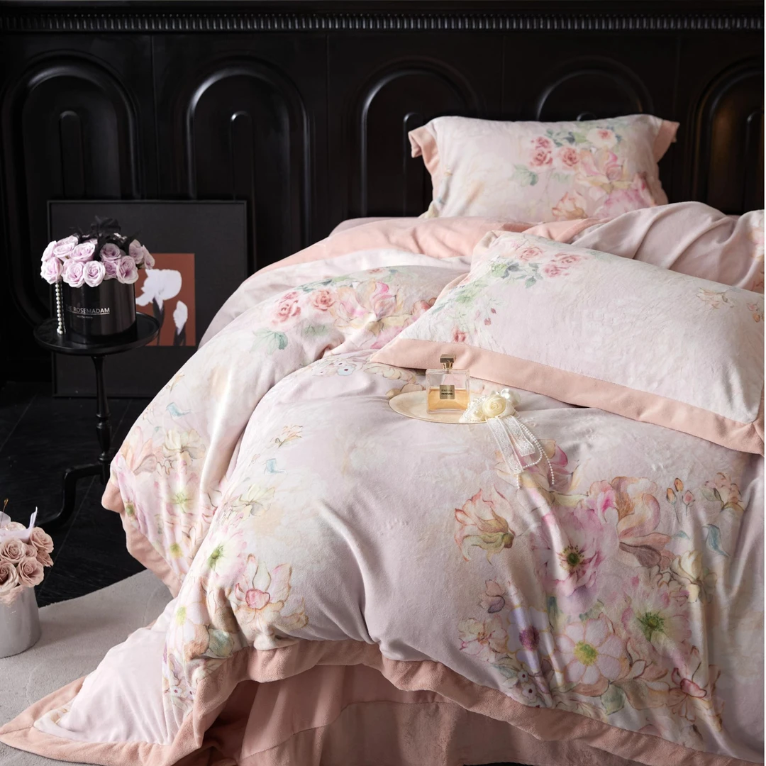 【豆爸专享】SMR定制！全消光十斤重韩国绒数码印花款四件套-花漾