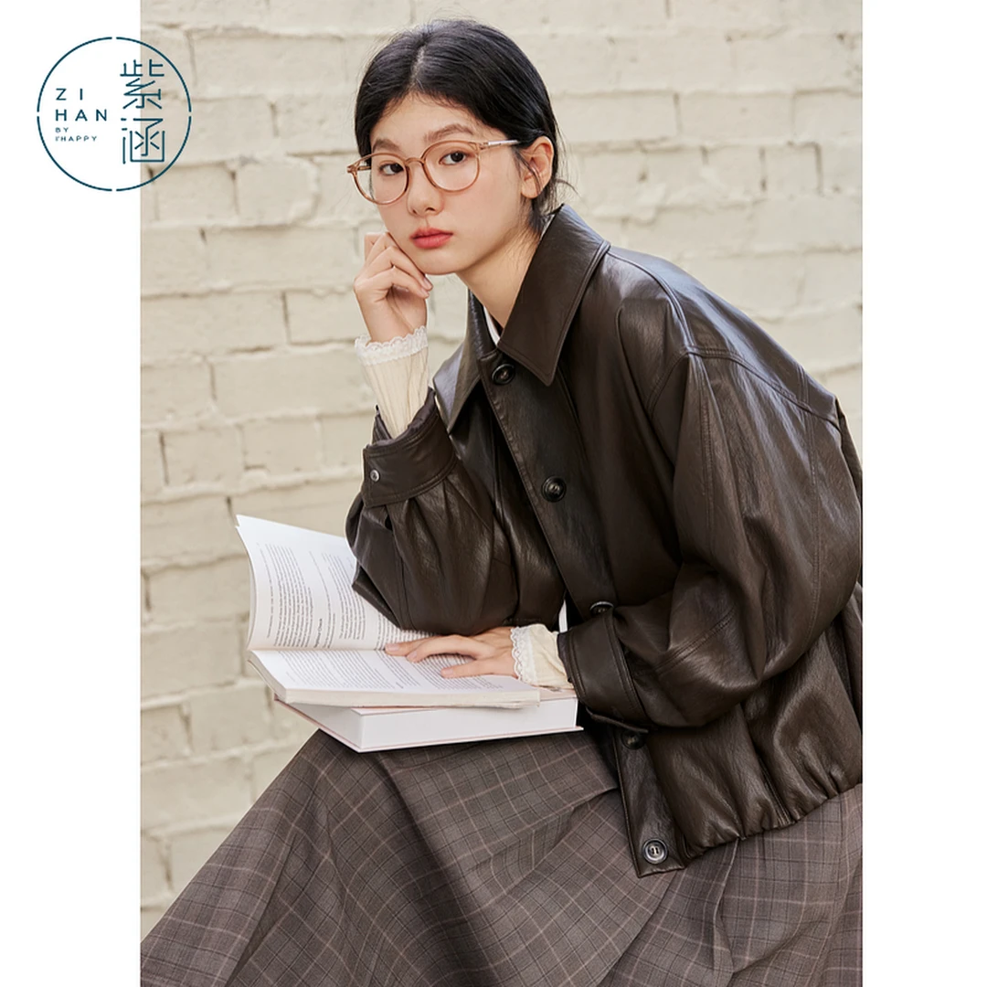 紫涵翻领皮衣女2025秋复古简约百搭单排扣宽松夹克外套Z5Z07BS264