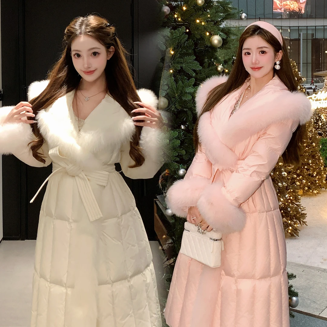 冰冰来了【奶油格子】优雅狐狸毛领羽绒服长款90%白鹅绒外套27419