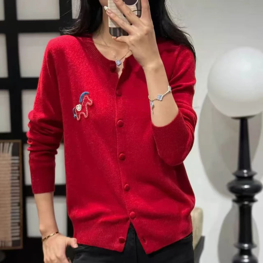 【100%纯山羊绒】新年款12针240克马到成功女士羊绒针织开衫毛衣