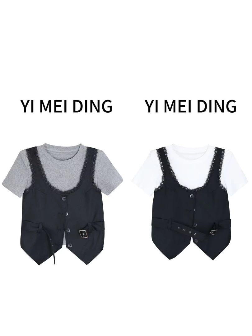 1SY03依美丁时尚百搭马甲拼接设计假两件短袖T恤