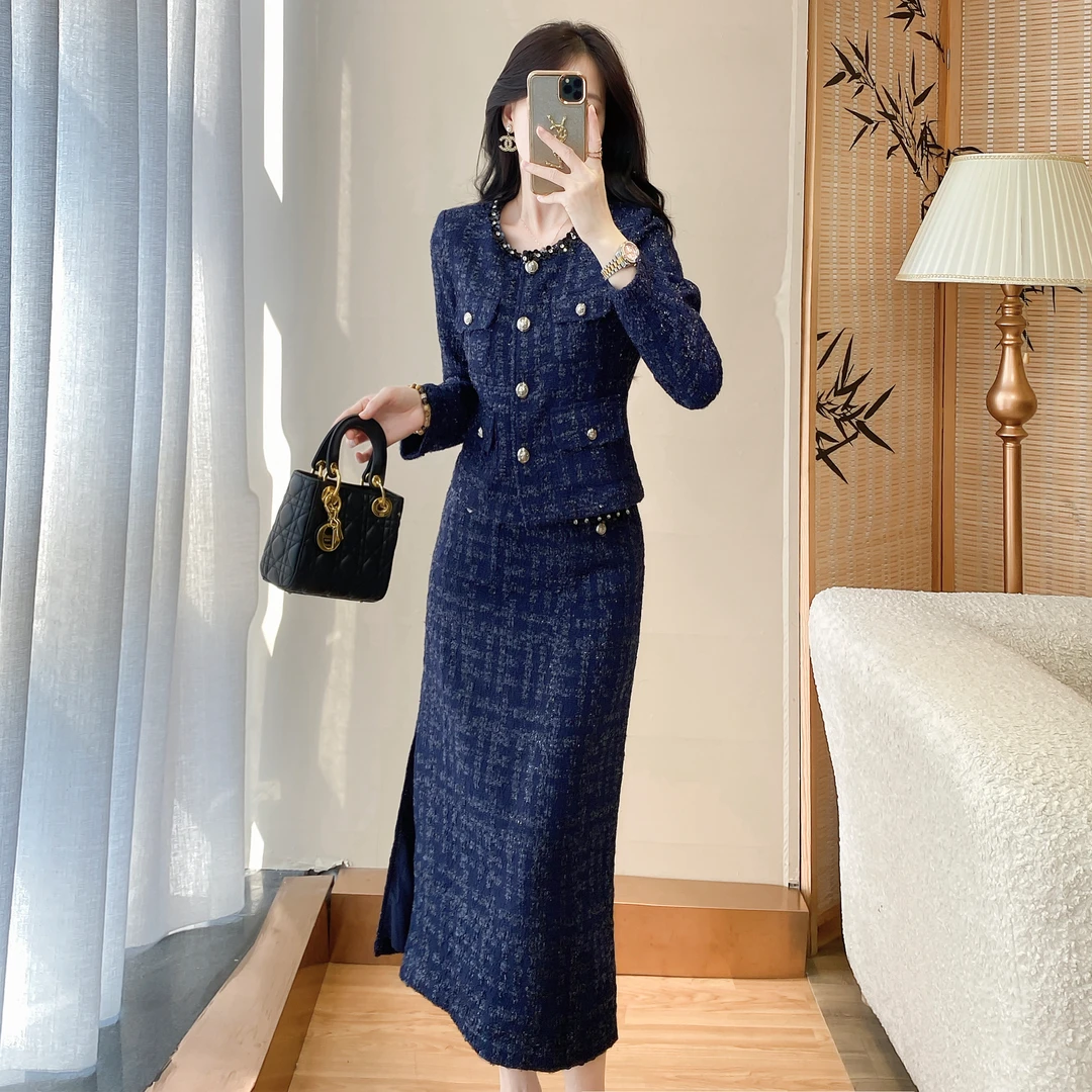 高级感时尚小香风套装连衣裙法式修身包臀长裙女神范两件套显身材