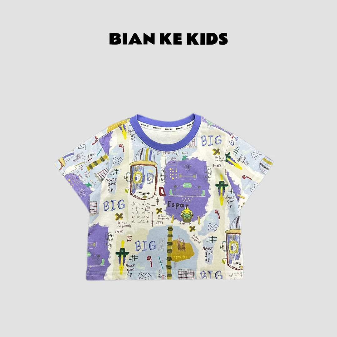 新款夏季儿童品牌休闲透气吸汗满印涂鸦男童短袖T恤B2502