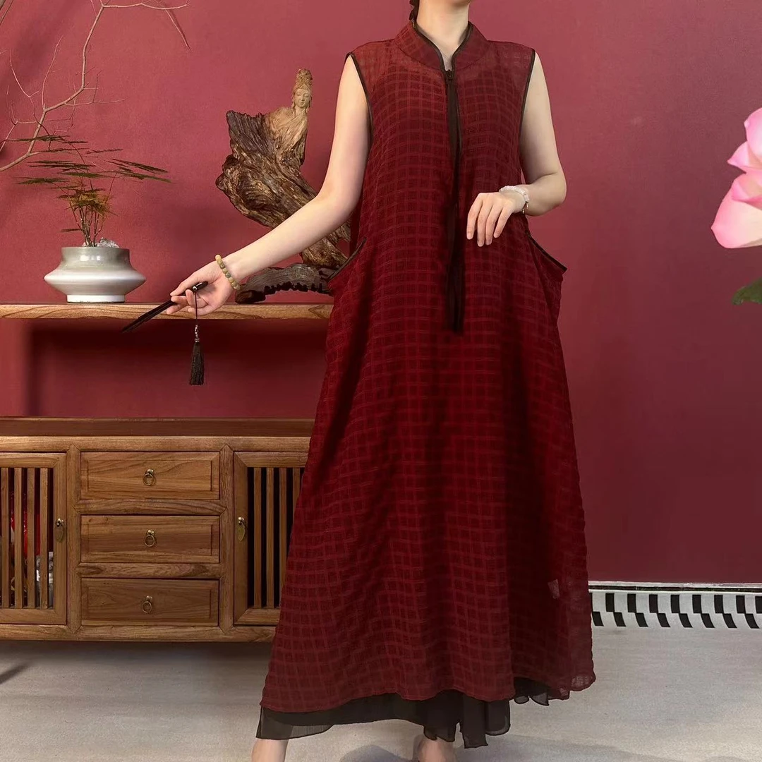 【大海轻奢】L1743新款酒红华夫格百搭宽松设计师款时尚连衣裙旗袍