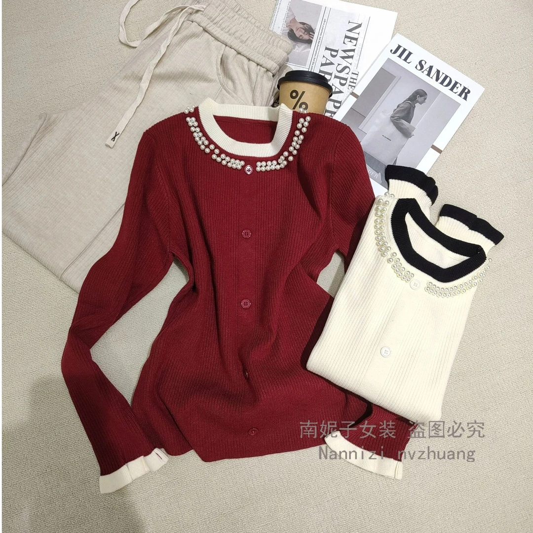 南妮子女装严选春季新款钉珠假开衫款针织衫时尚长袖衫YYH24-8808