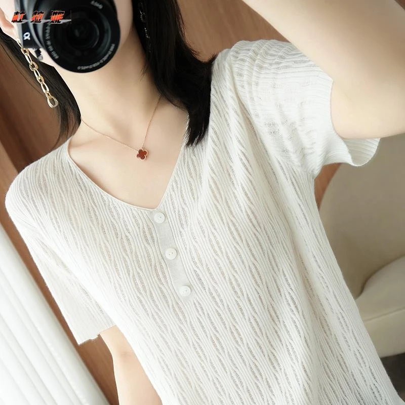 杜拉妮冰丝针织衫短袖t恤女士秋季新款洋气V领上衣宽松薄款打底衫
