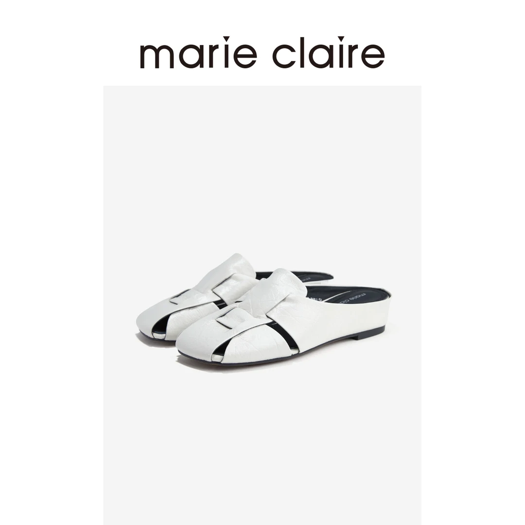 MC女鞋凡尔赛乳白牛皮罗马穆勒拖斜方头宽面编织marieclaire女鞋