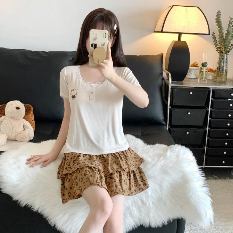 GPSUNLU千金风女生新款莫代尔带胸垫短袖睡衣夏季可爱卡通家居服