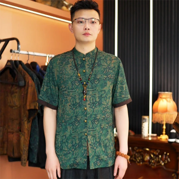2025重磅老料香云纱富贵满园蚕丝唐装复古中国风男士半袖真丝男装