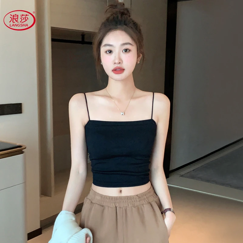 浪莎黑色细吊带小背心女夏季美背内搭一体文胸纯欲慵懒风女装