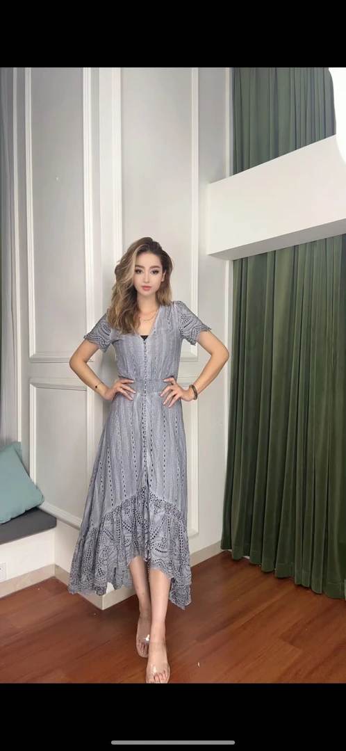 复古宫廷风高定轻奢手工订珠长款蕾丝显瘦连衣裙