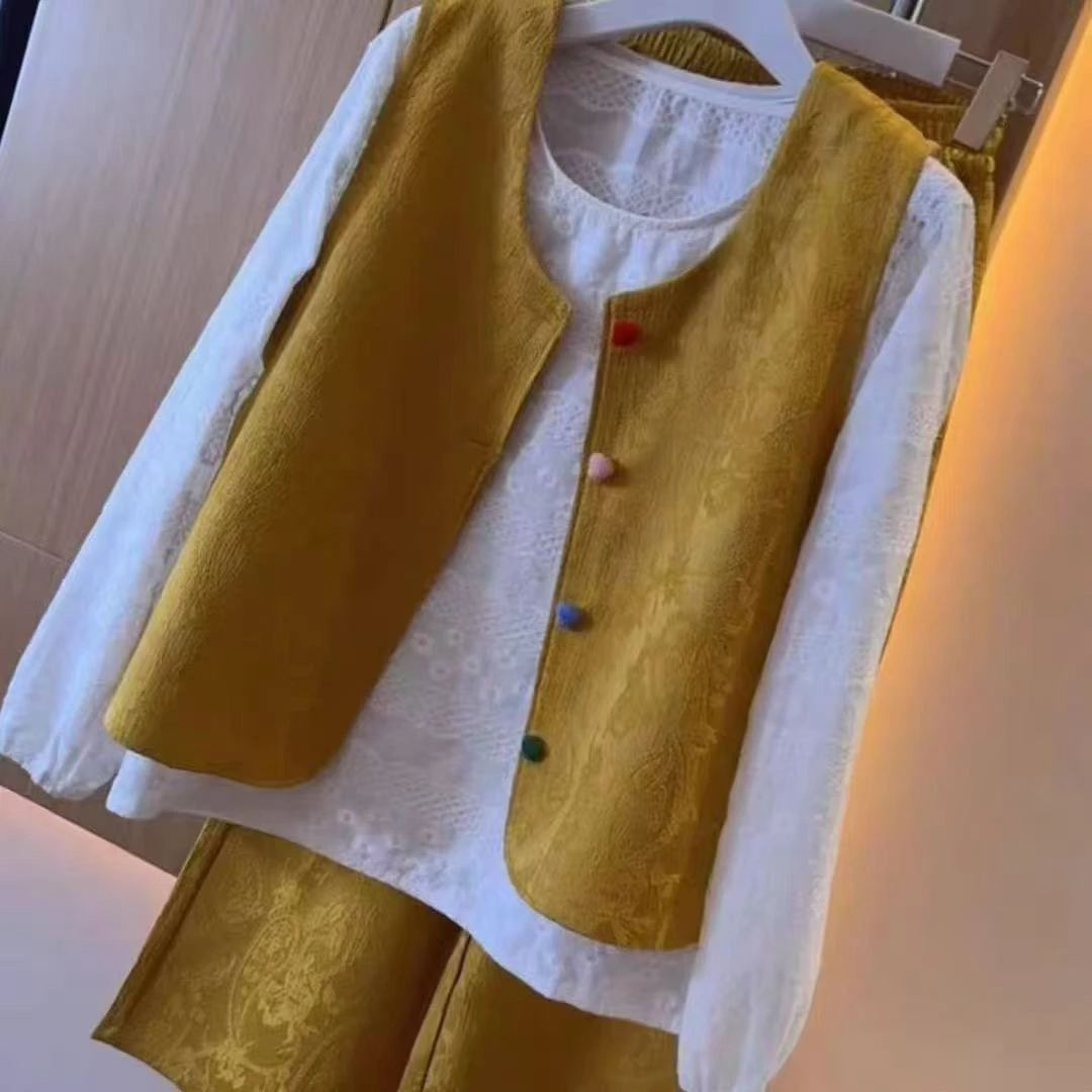 【晴儿家】新中式提花马甲搭配高级感百搭松紧腰长裤两件套1399