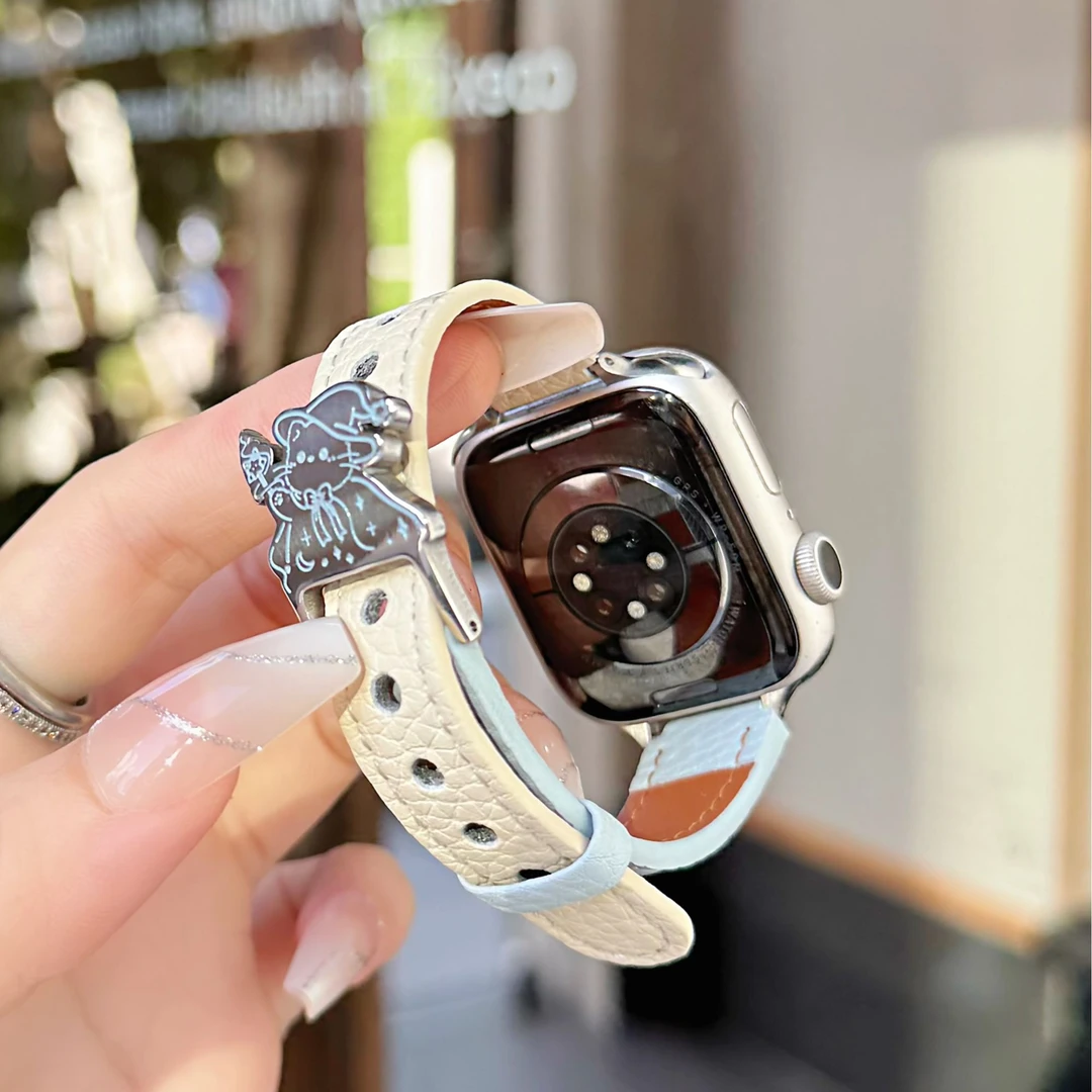 适用苹果Applewatchs10手表带可爱魔法猫咪iWatch98765真皮荔枝纹