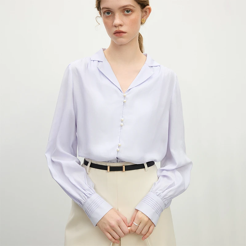 范思蓝恩天丝麻法式衬衫春装温柔百搭V领白衬衣上衣女25FS11191