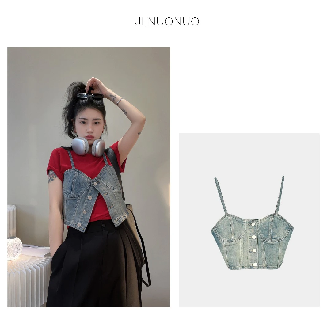 JLNUONUO   复古小辣妹二代水洗灰牛仔吊带