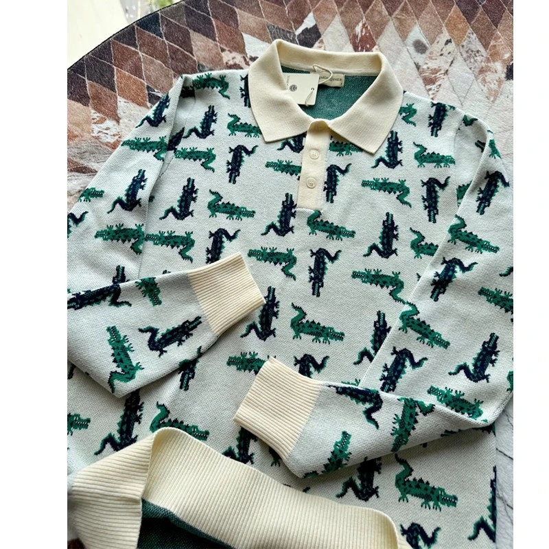 欧美潮流新款休闲男式翻领毛衣复古独特鳄鱼提花修身长袖polo衫男