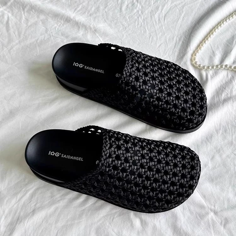 高端时尚韩版编织包头拖女2025夏季新款厚底增高拖鞋复古镂空凉拖