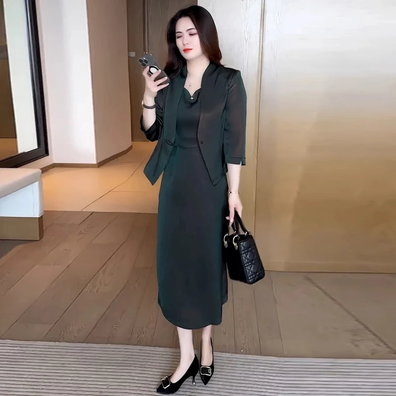 拉夏贝尔气质时尚套装裙女2025夏新款新中式西装外套背心裙两件套