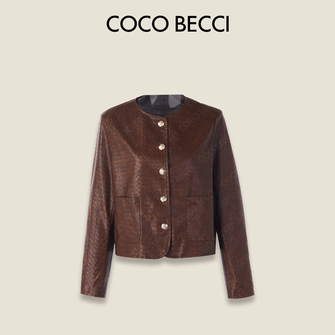 COCO BECCI【大牌编织外套】摩登棕格立体优雅皮外套CFLJC200047