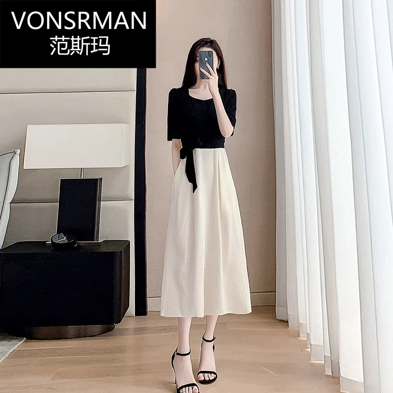 高级感黑色拼接连衣裙女夏季小众女装时尚收腰显瘦假两件a字裙子