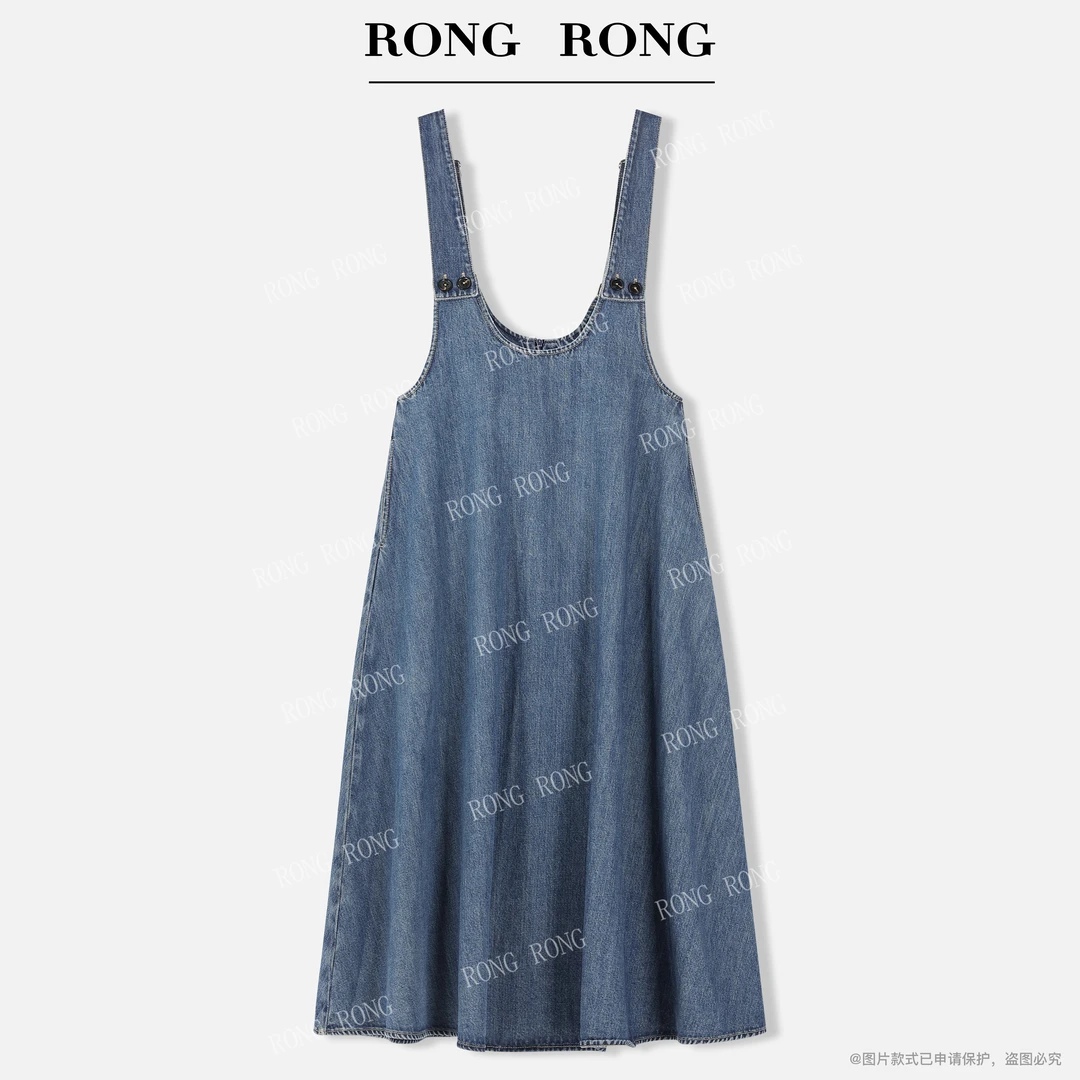 溶溶【画雾季蓝】RONGRONG 100棉U领复古洗水立体剪裁背带裙2540RR