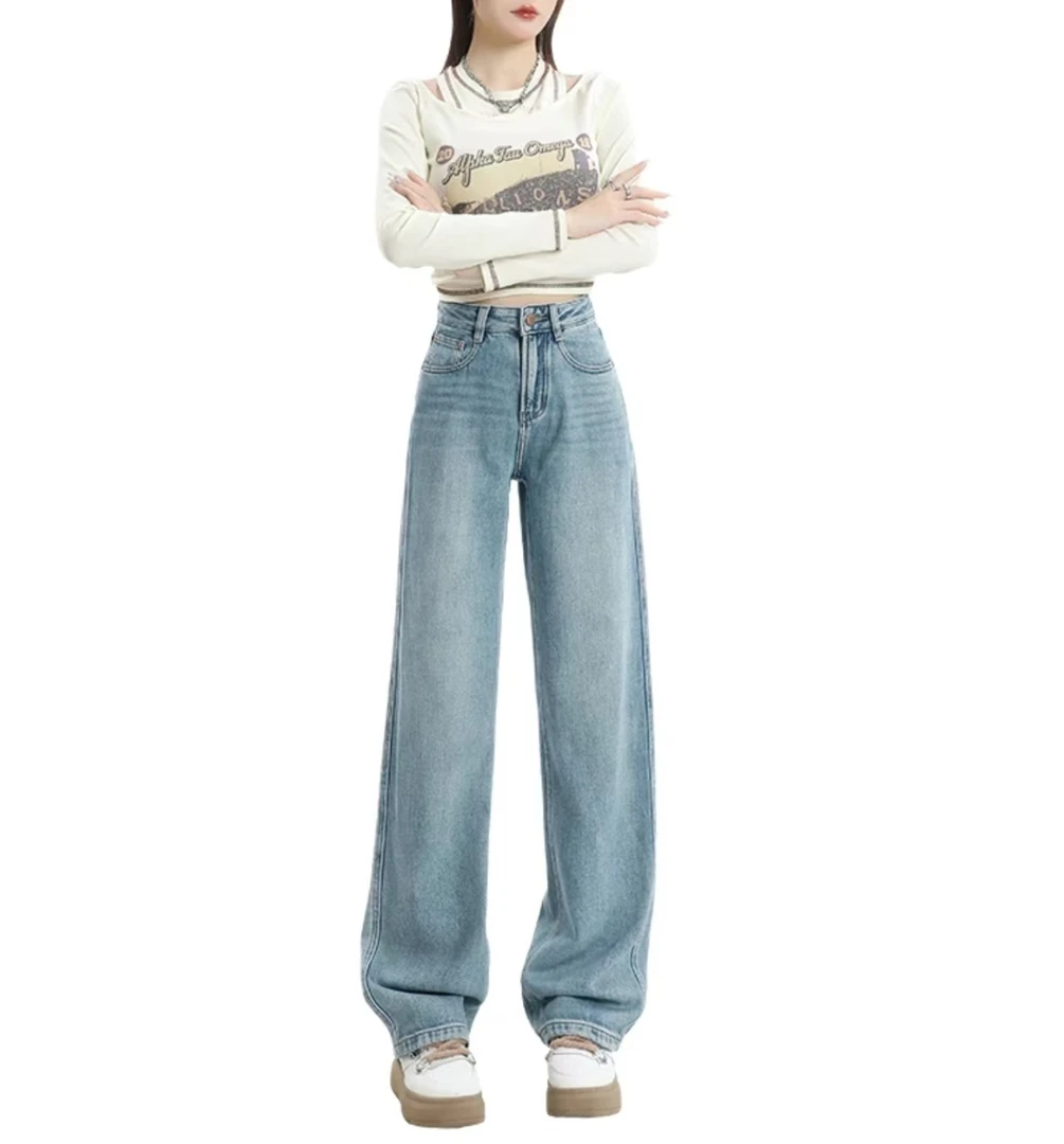 【YKK拉链】冬季新款显瘦高腰休闲宽松加绒加厚浅蓝阔腿牛仔裤 2082