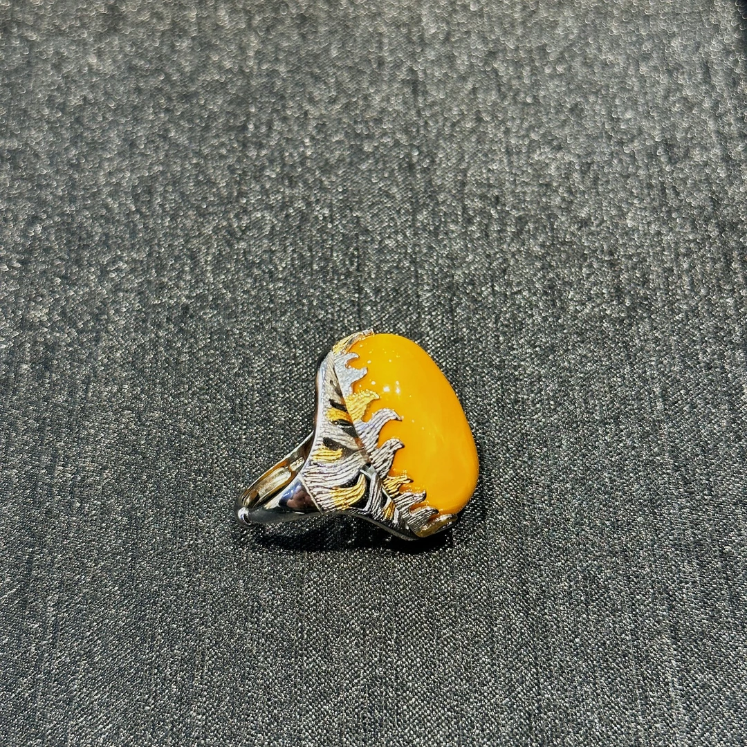 【壹芳珠宝】天然原矿琥珀S925银镶嵌戒指