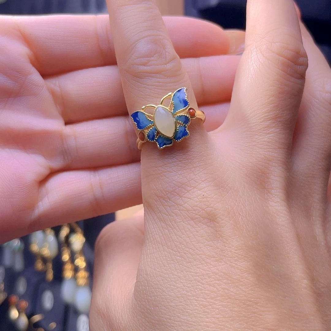 和田玉银S925镀金镶嵌戒指