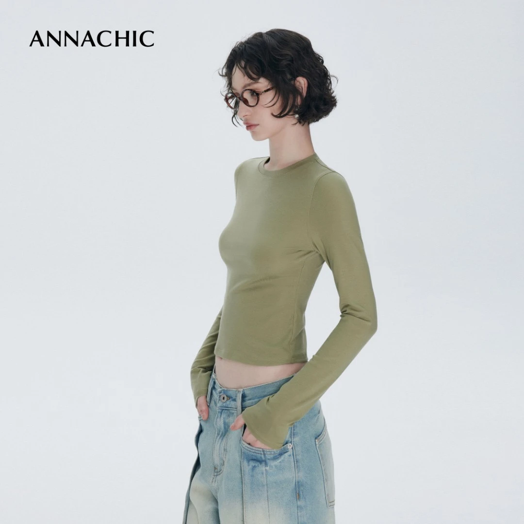 ANNACHIC“小蛮腰”时髦基础正肩圆领长袖t恤女 修身显瘦打底上衣