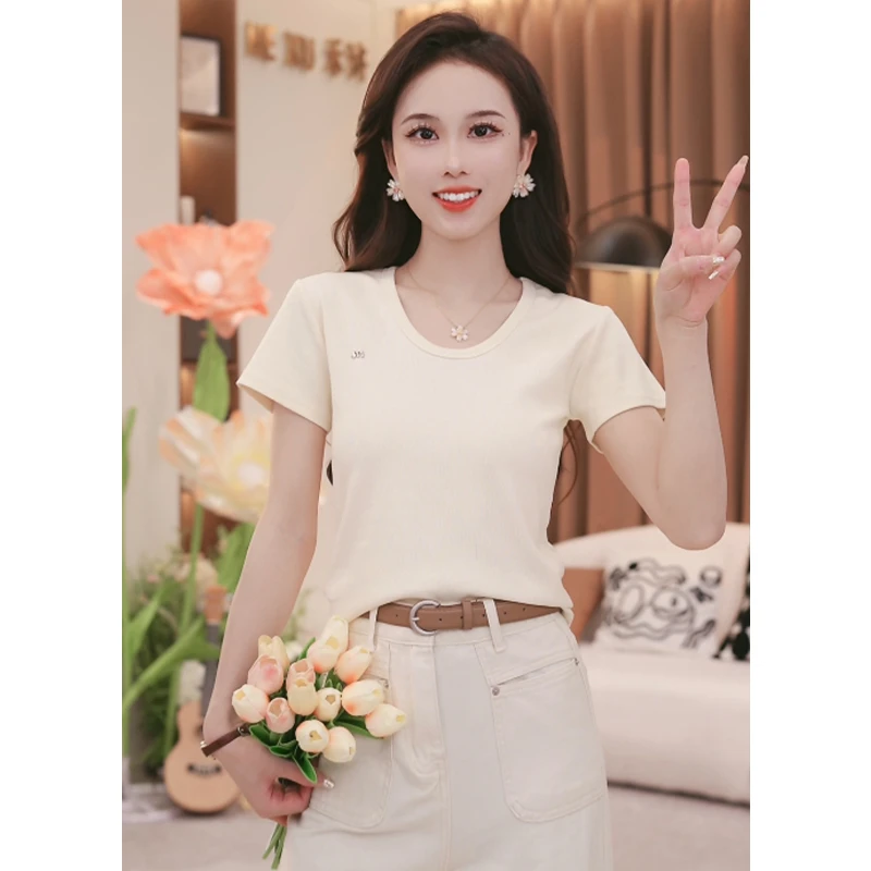 韩系简约修身百搭设计T恤女2025夏季新款设计感显瘦正肩上衣