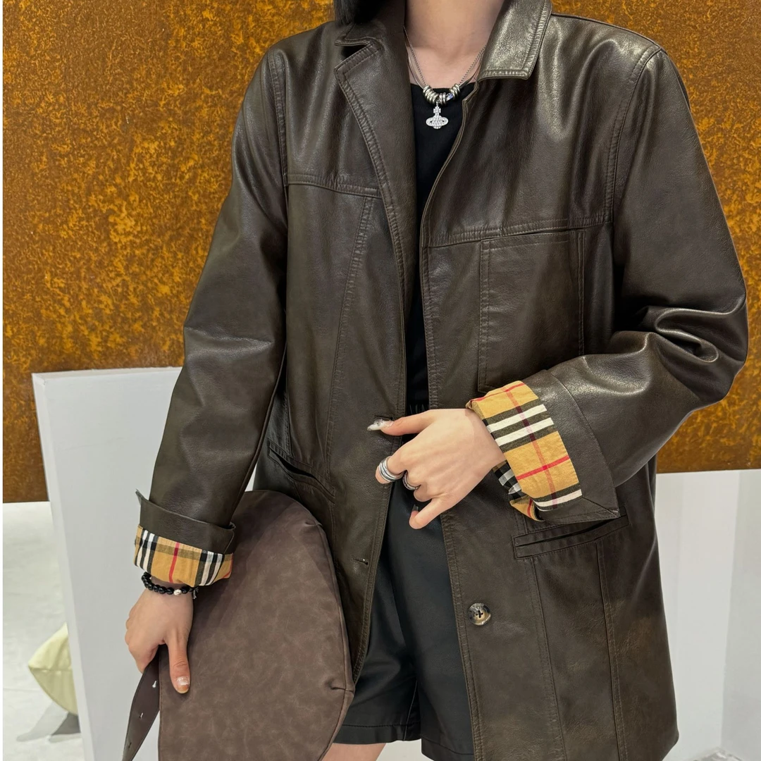 棕色皮衣外套2025春款高级感复古小众法式大码宽松显瘦上衣外套