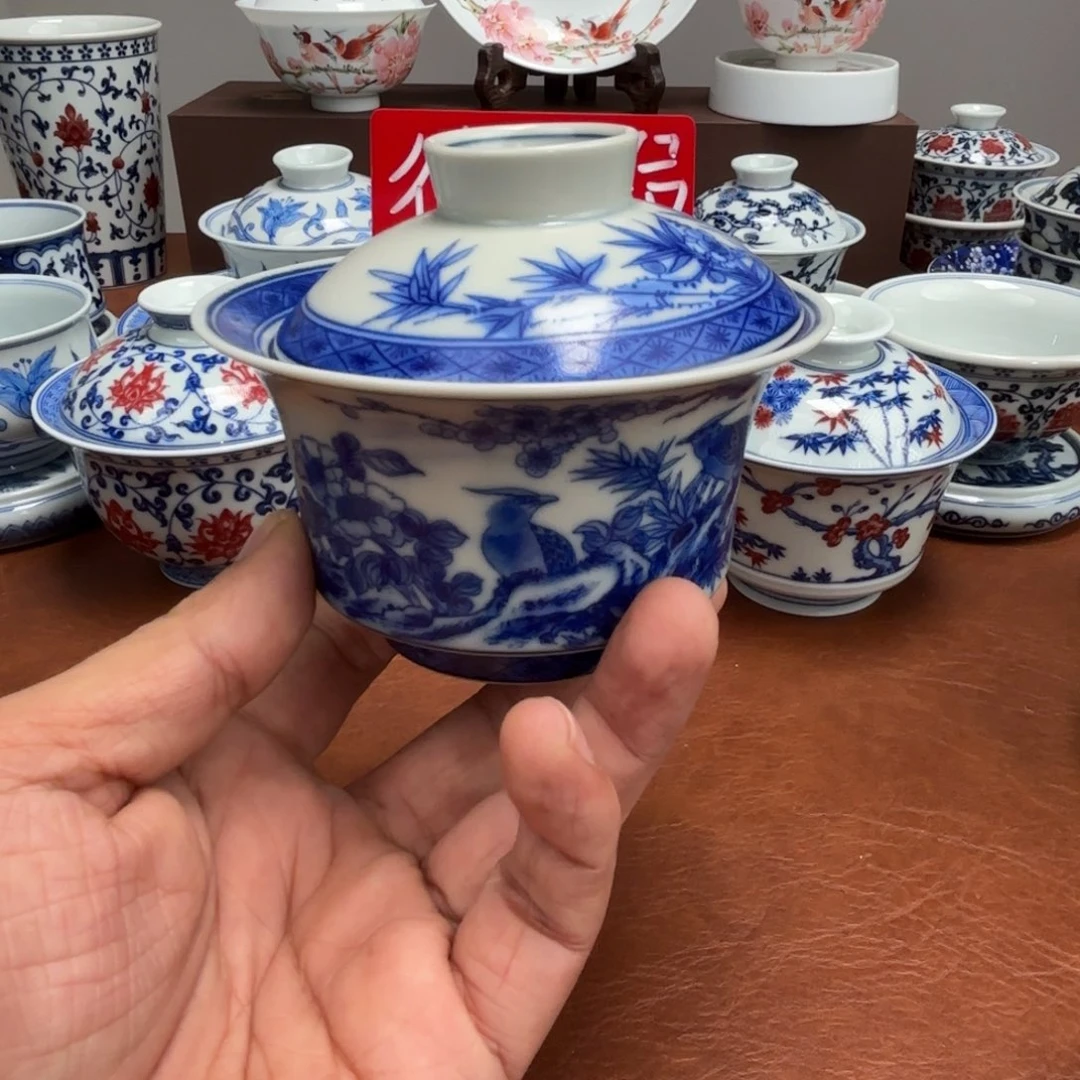 洪***子摆件陶微瑕花鸟盖碗景德镇发货