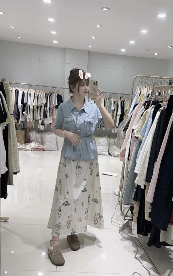 【李姑娘专属】90252韩系小清新牛仔短袖印花半身裙套装