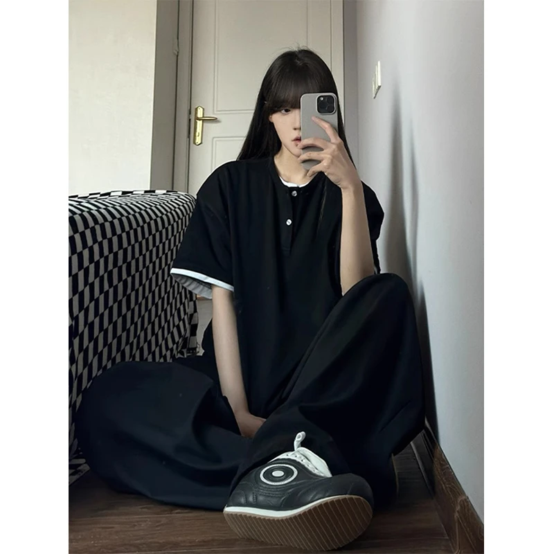 黑色假两件t恤男款夏季小众亨利领短袖高级感美式cleanfit半截袖