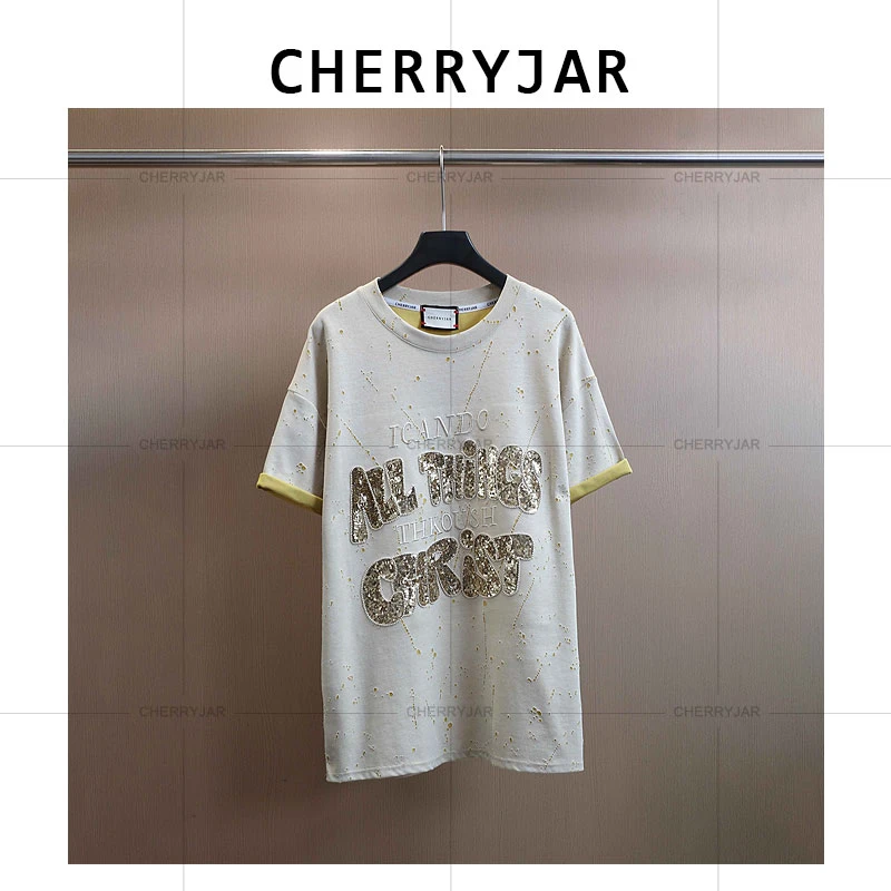 Cherryjar【251231】时尚圆领字母亮片短袖磨破设计重工短袖