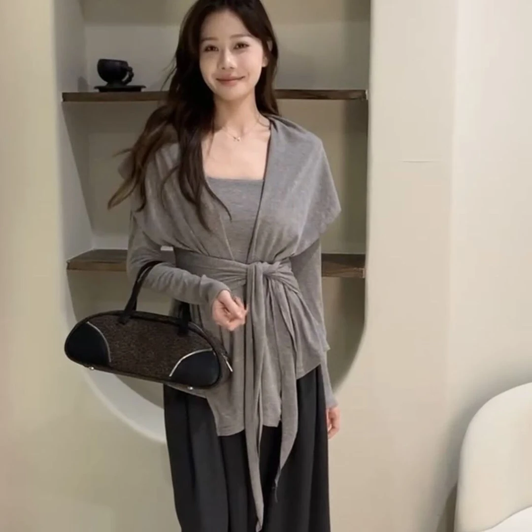 春夏秋季新款休闲简约舒适显瘦针织开衫百搭吊带背心套装