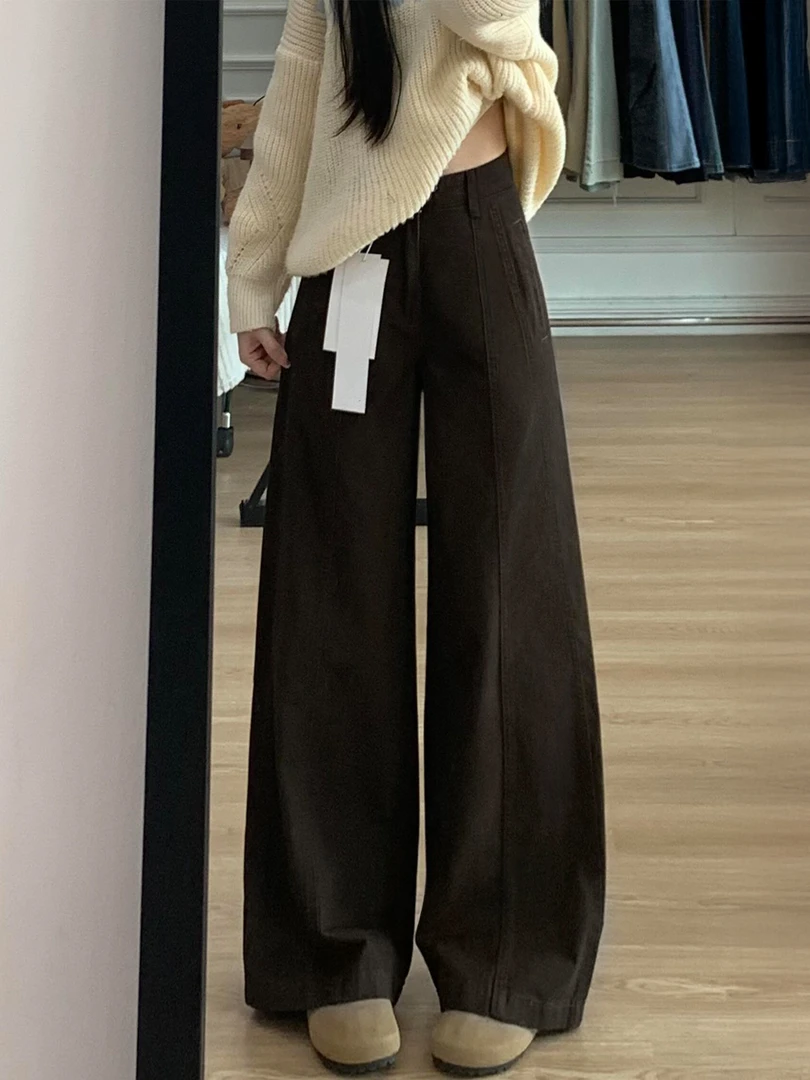 美拉德咖色阔腿牛仔裤女秋冬新款胖mm梨形高腰宽松显瘦直筒长裤子