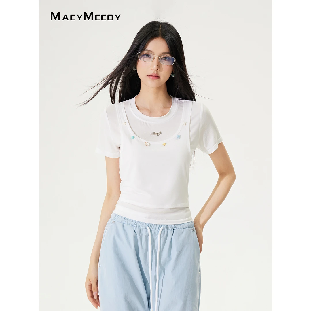 【熊小姐专享】MacyMccoy假两件凉感系带T恤女夏季透气正肩短袖上衣