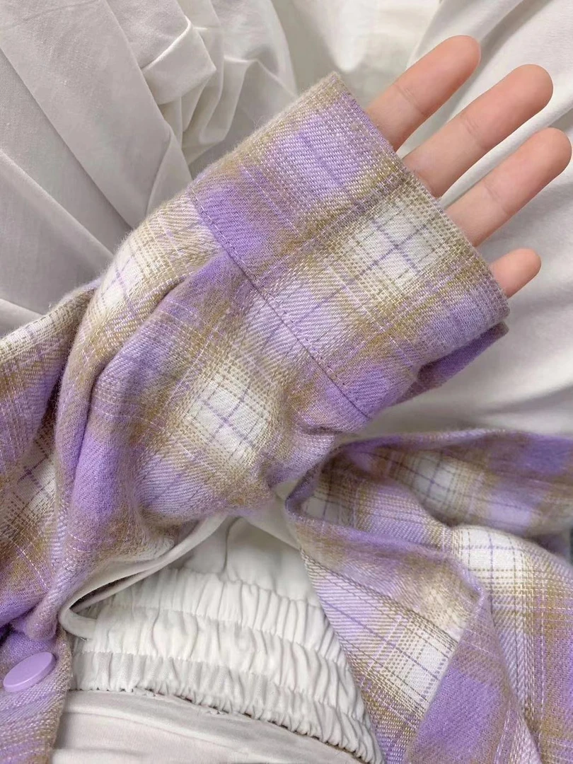 多巴胺甜美chic嫩紫色格子衬衫女内搭叠穿宽松百搭慵懒风衬衣外穿