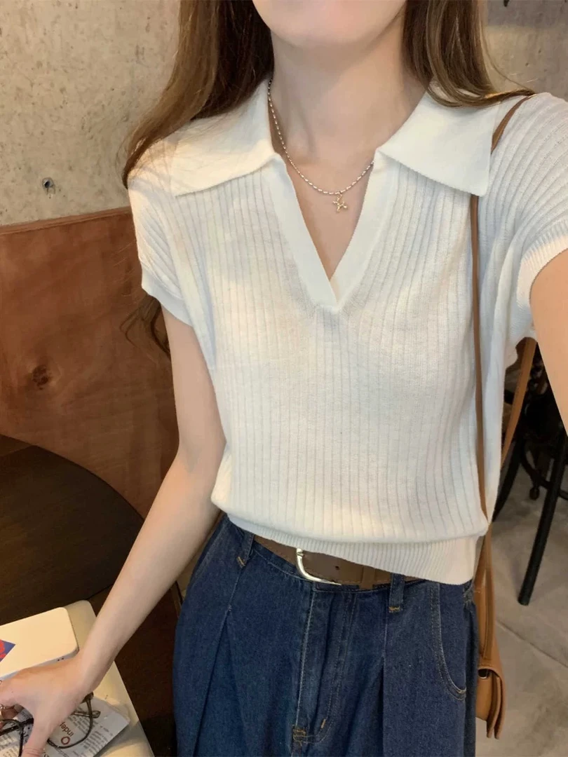 夏季短袖翻领针织衫小香风毛针织衫上衣POLO领法式直播间扣号下单