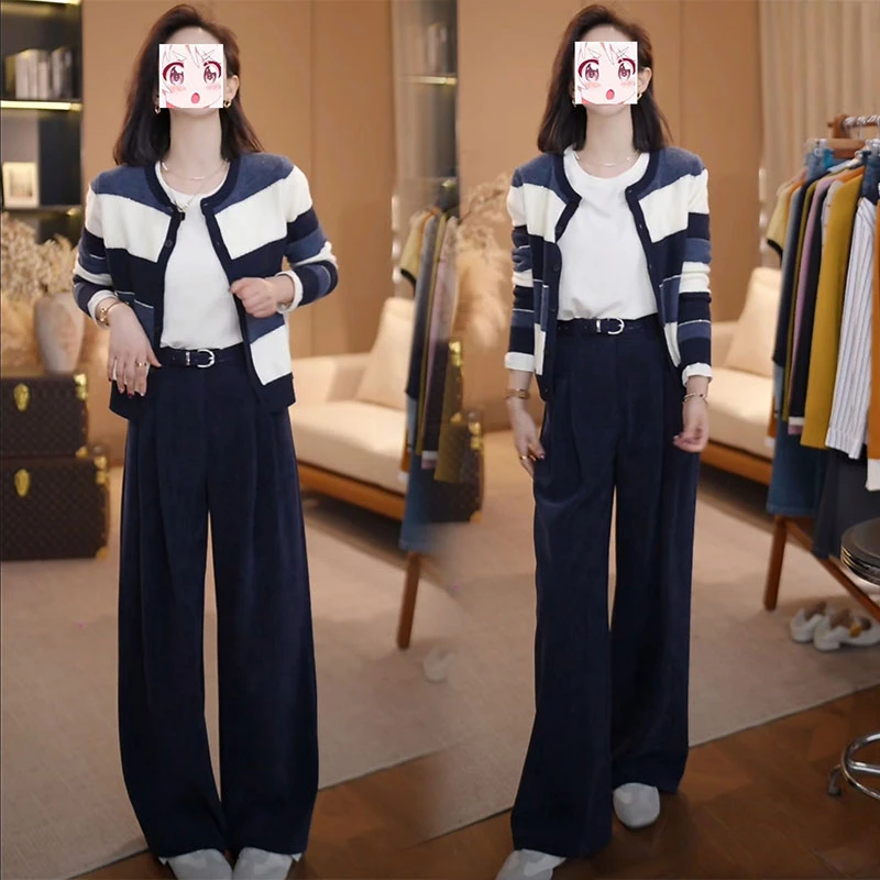 秋季慵懒风穿搭撞色拼接软糯长袖针织开衫高腰垂感休闲裤两件套装