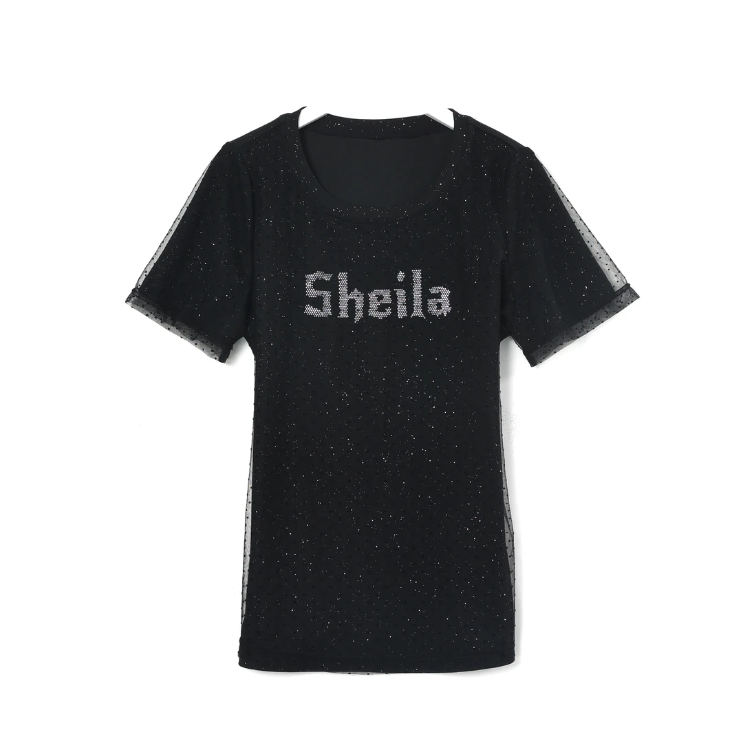 千屿Sheila夏季圆领重工水钻女士拼网纱T恤242-TX/0227-170163