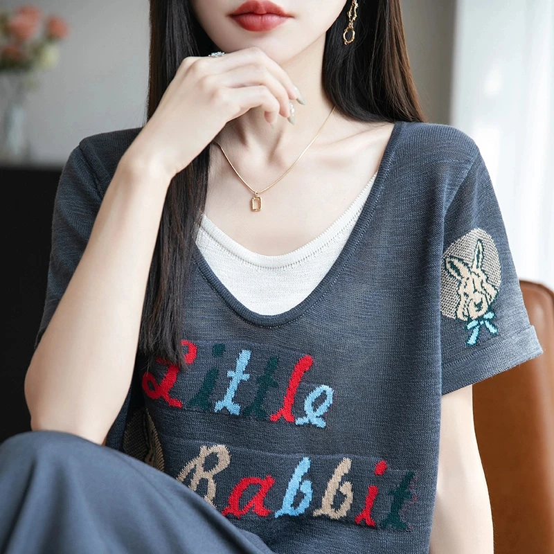 时尚女装品牌新款时尚气质夏季T恤假两件撞色复古字母短袖上衣