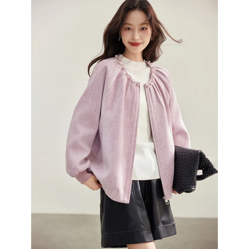 粉色钉珠小香风外套女春秋装新款宽松洋气休闲棒球服上衣TC4330