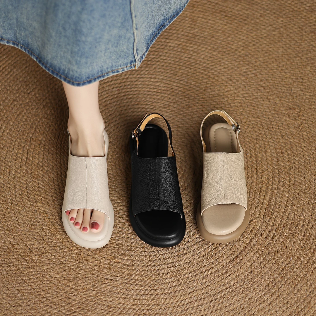 软羊皮绝美中跟鱼嘴凉鞋女夏季2025新款舒适厚底上班不累脚配裙子