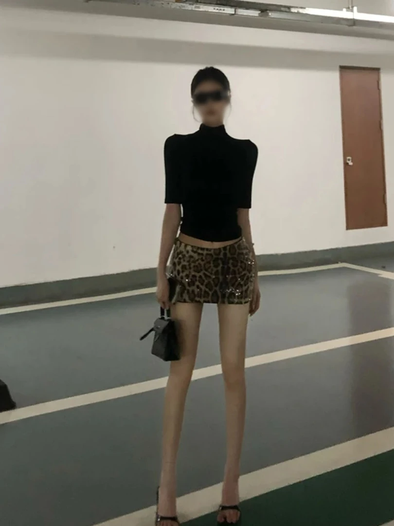 X9237性感黑色透视网纱拼接圆领上衣短袖夏季豹纹辣妹包臀裙套装